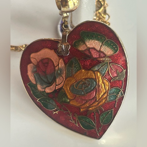 Vintage Cloisonné Heart Pendant Necklace - Picture 4 of 9